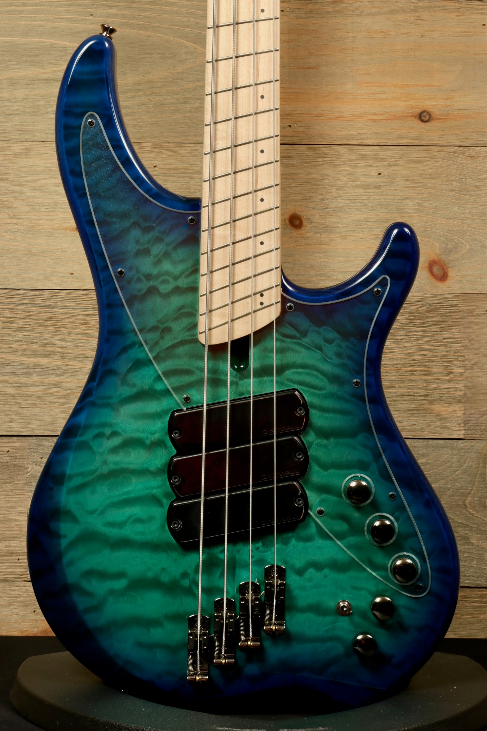 Dingwall Combustion Nashville bass guitar in blue-green with quilted finish, front view