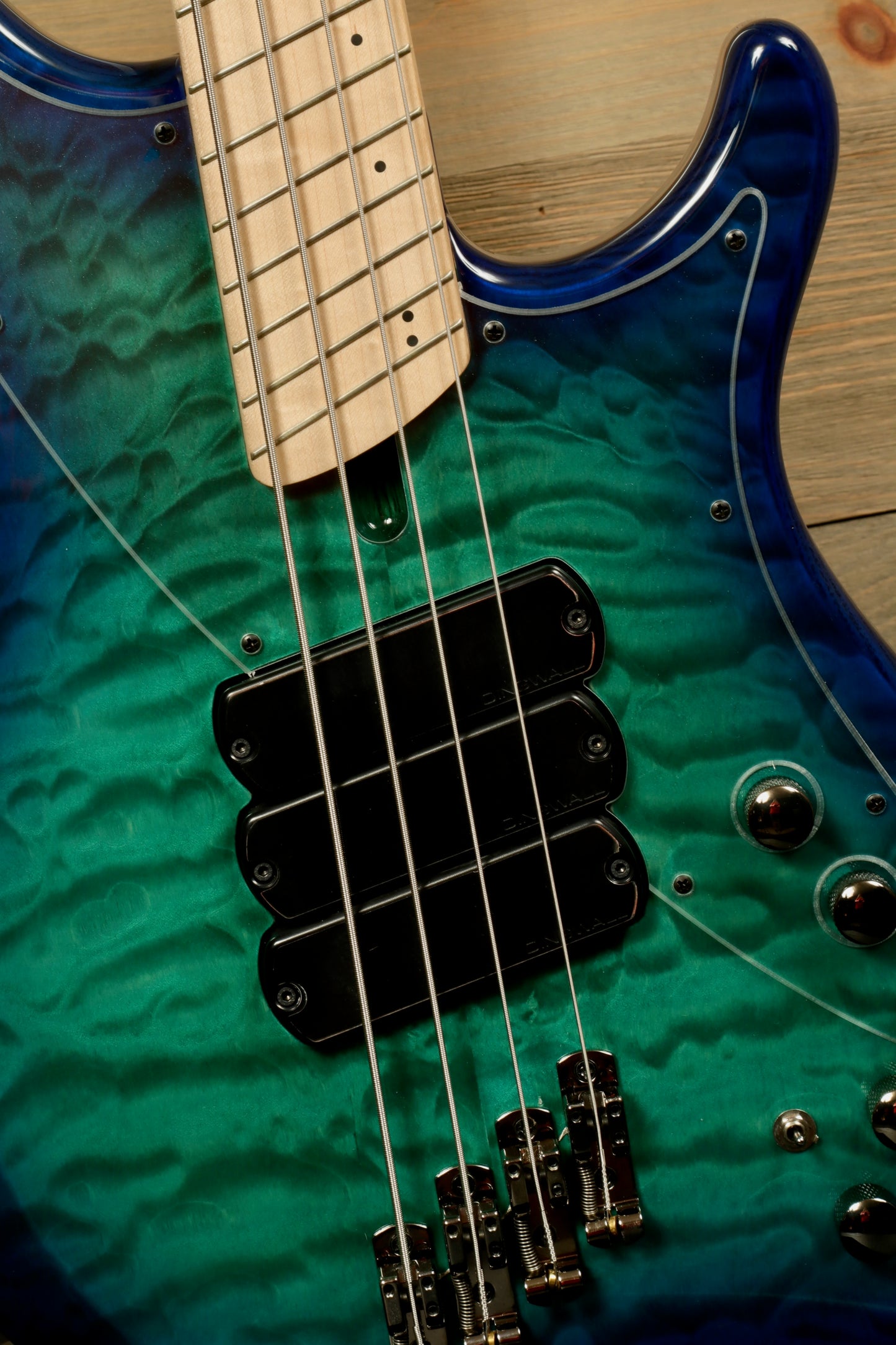 Dingwall Combustion Nashville blue to green burst finish, front view showcasing the quilted top