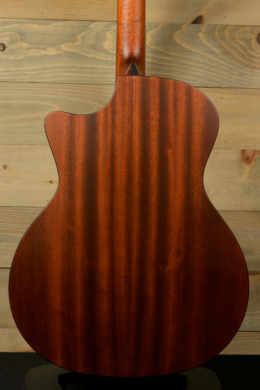 Eastman AC122-1CE acoustic electric guitar with a rich mahogany back, rear view