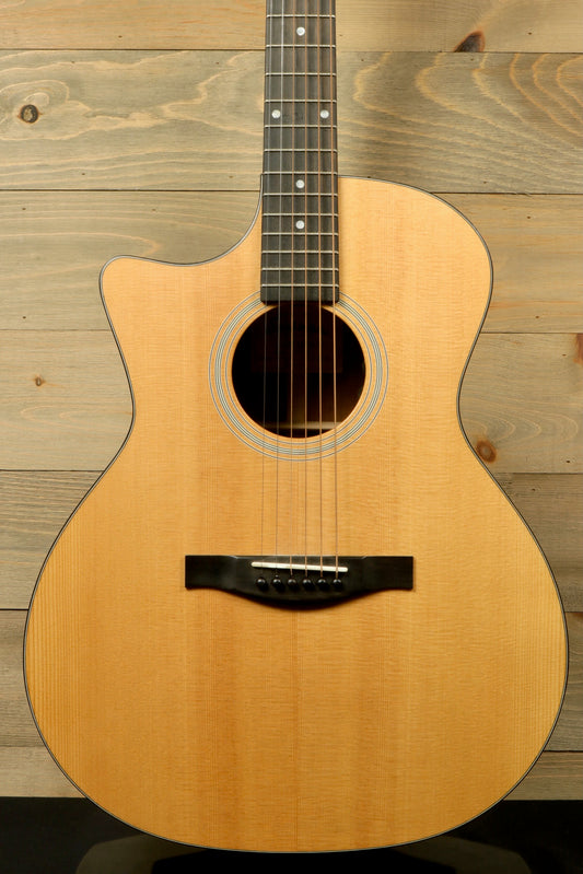 Eastman AC122L-1CE acoustic electric guitar in natural finish, front view with visible strings and fretboard.