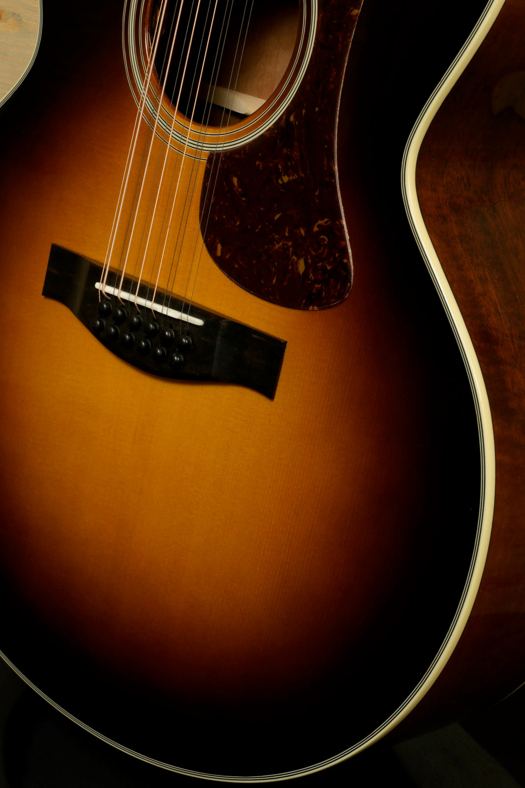 Close-up of Eastman AC330E-12-SB 12-string acoustic guitar showcasing its rich sunburst finish