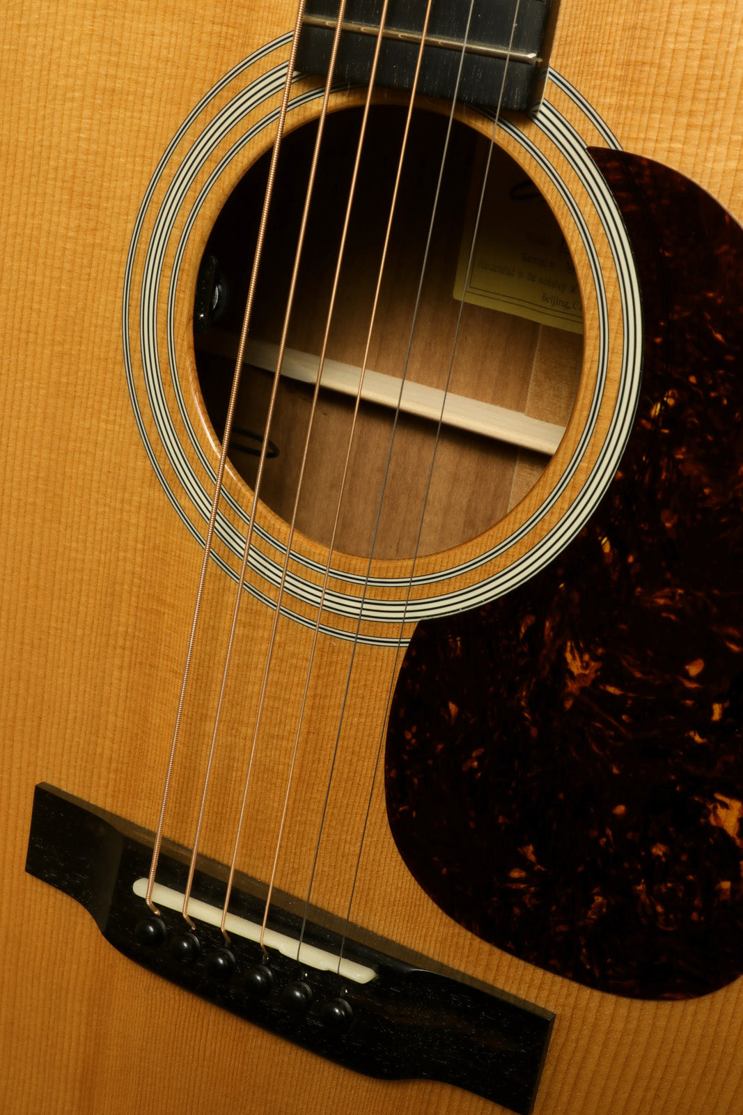 Eastman E10D-TC acoustic electric guitar, natural finish, close-up of the body and soundhole