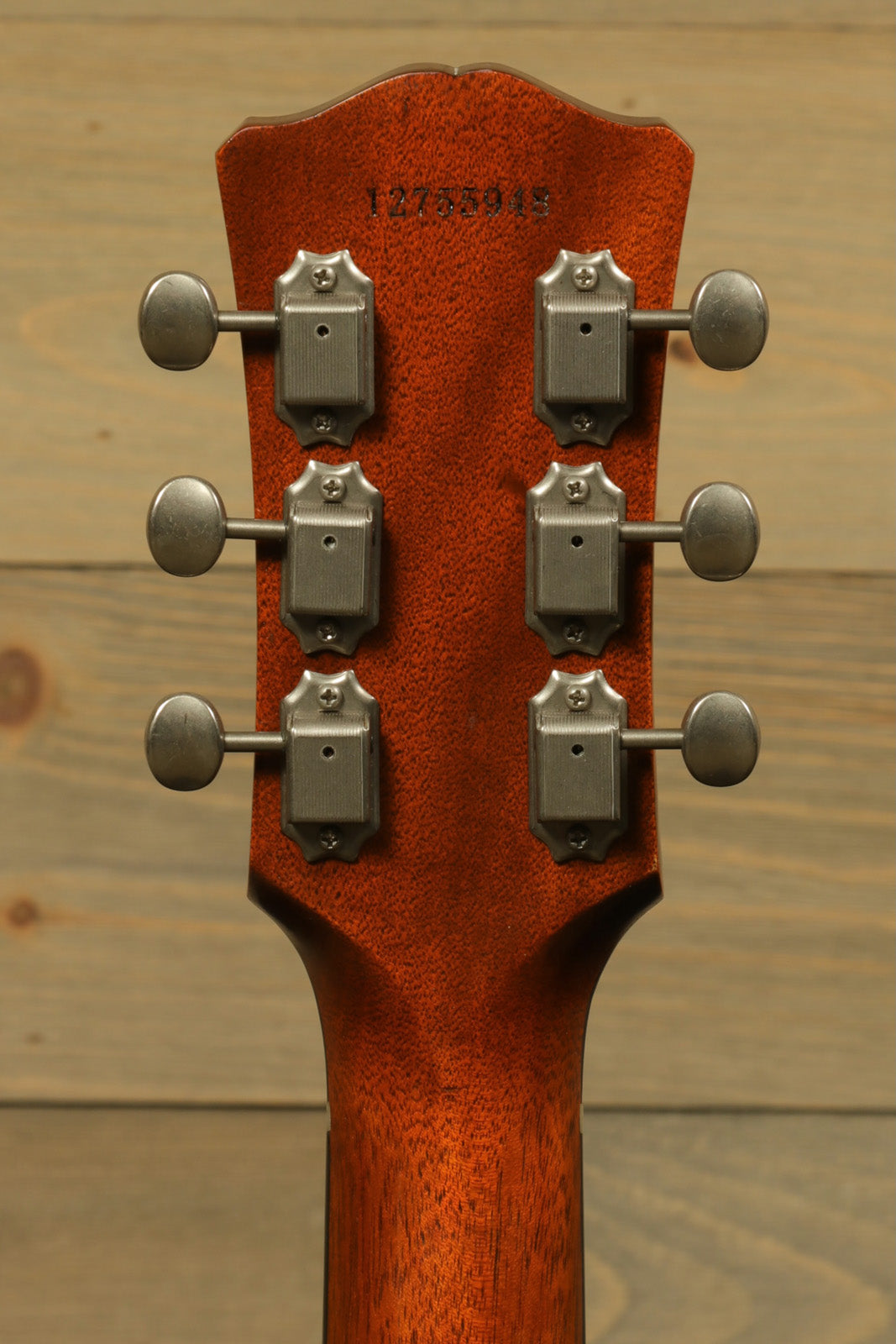Eastman SB55DC/v electric guitar headstock with detailed tuning pegs, back view
