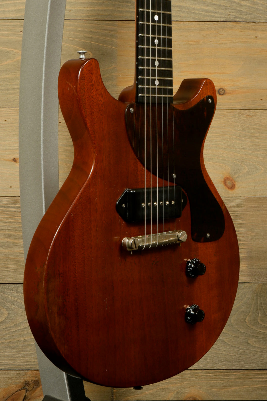 Eastman SB55DC/v electric guitar in natural mahogany finish, front view with two pickups