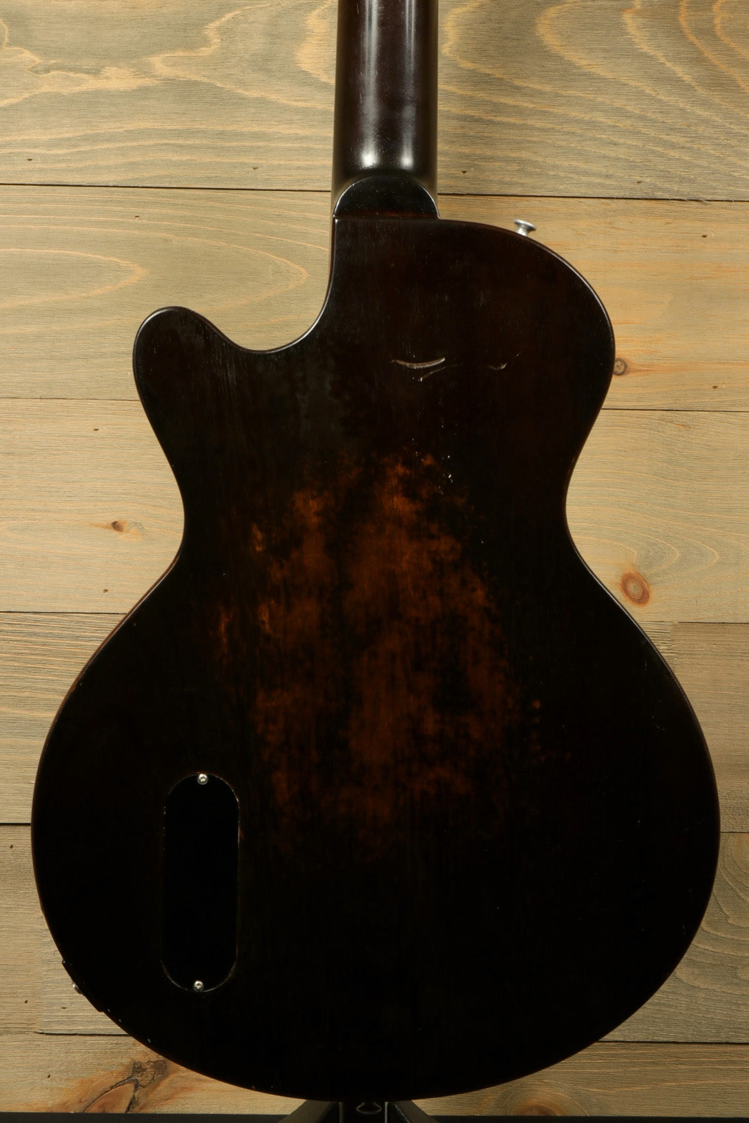 Eastman SB55/v-SB electric guitar, dark brown finish, back view showcasing wood grain details