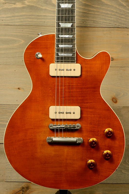 Eastman SB56/TV-AMB electric guitar in amber finish, front view showcasing pickups and controls
