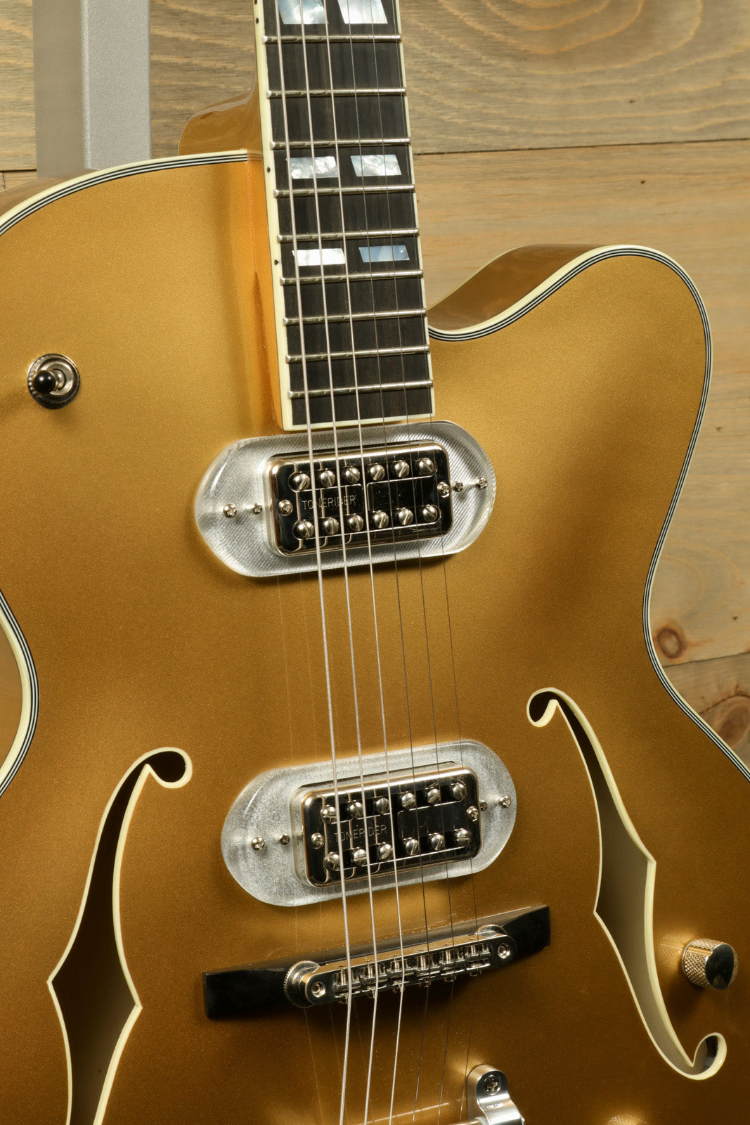 Eastman T58-GD with Eastman Gig Bag - DEMO, gold finish, front view showcasing dual pickups