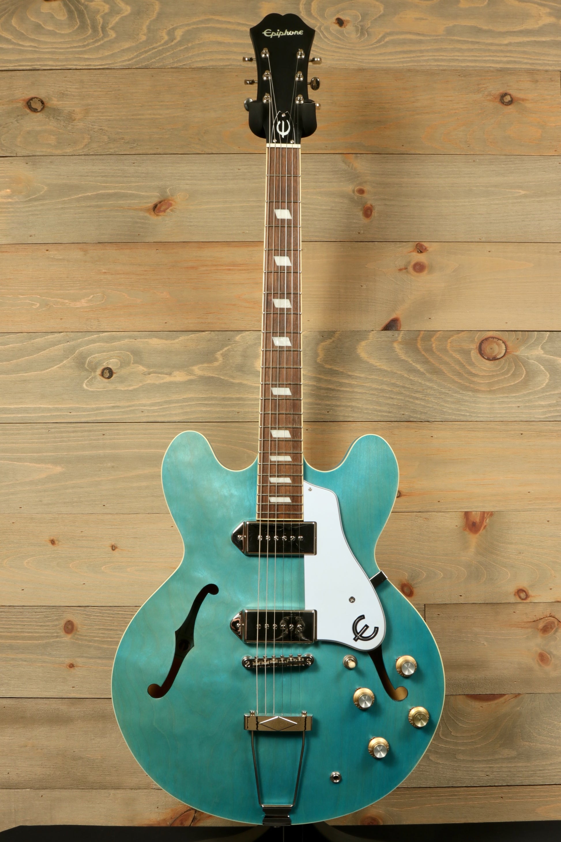 Epiphone Casino Worn electric guitar in turquoise, front view with dual pickups and elegant design