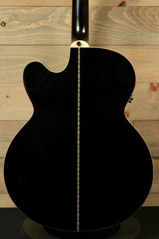 Back view of Epiphone EJ200sce-BK USED Acoustic Electric Guitar showcasing sleek black finish and detailing