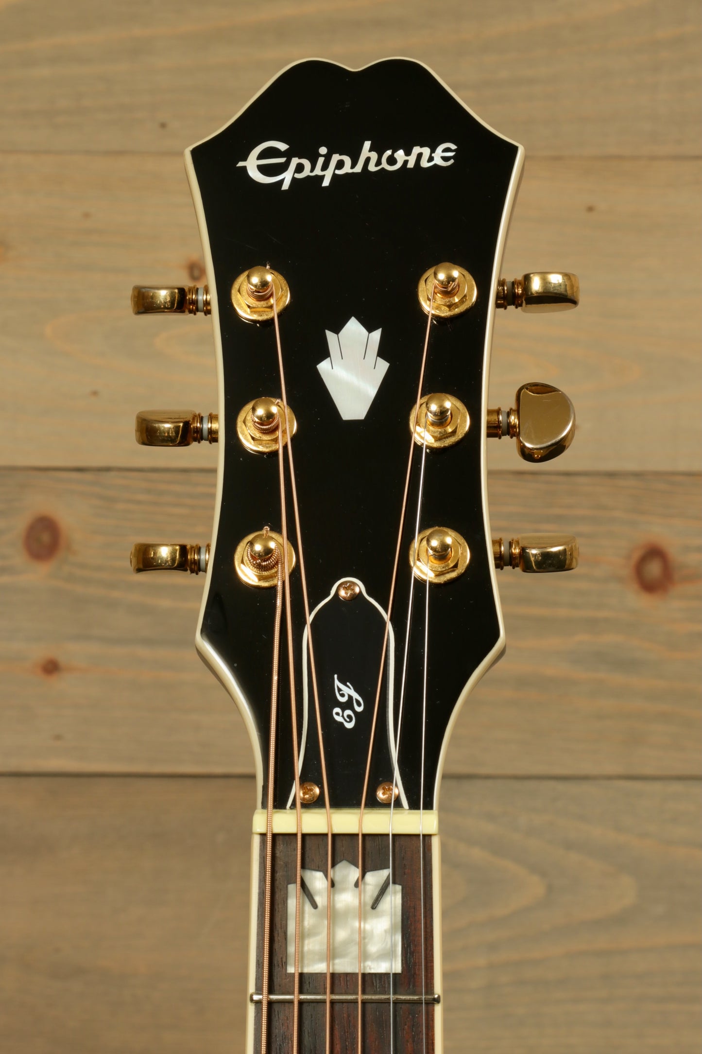 Epiphone EJ200sce-BK USED Acoustic Electric Guitar headstock with gold tuning pegs and elegant inlays