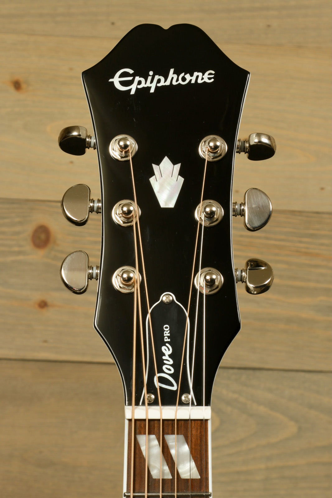 Epiphone Limited Edition Dove Pro guitar headstock showcasing classic design and tuning pegs