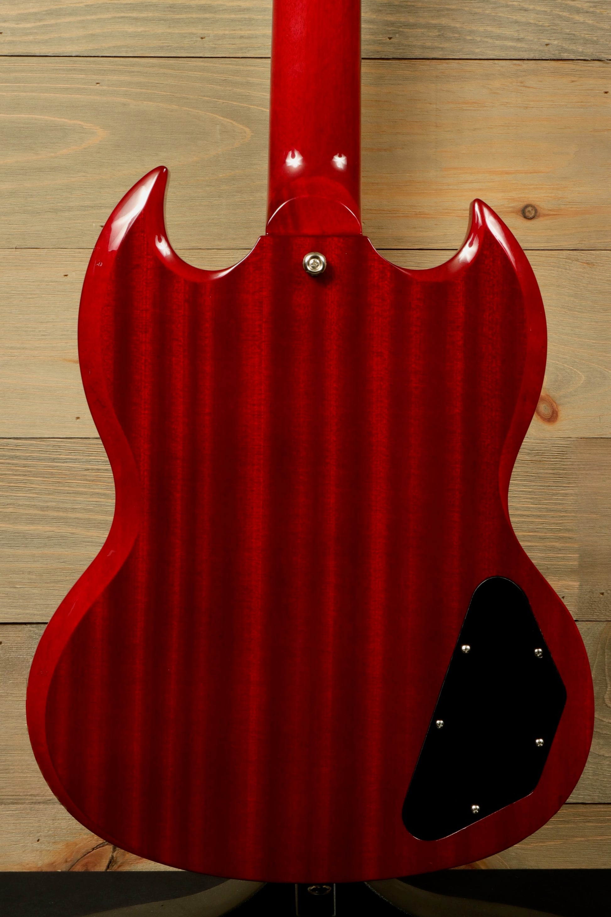 Epiphone SG Pro Left cherry red, back view showcasing the smooth finish and contours