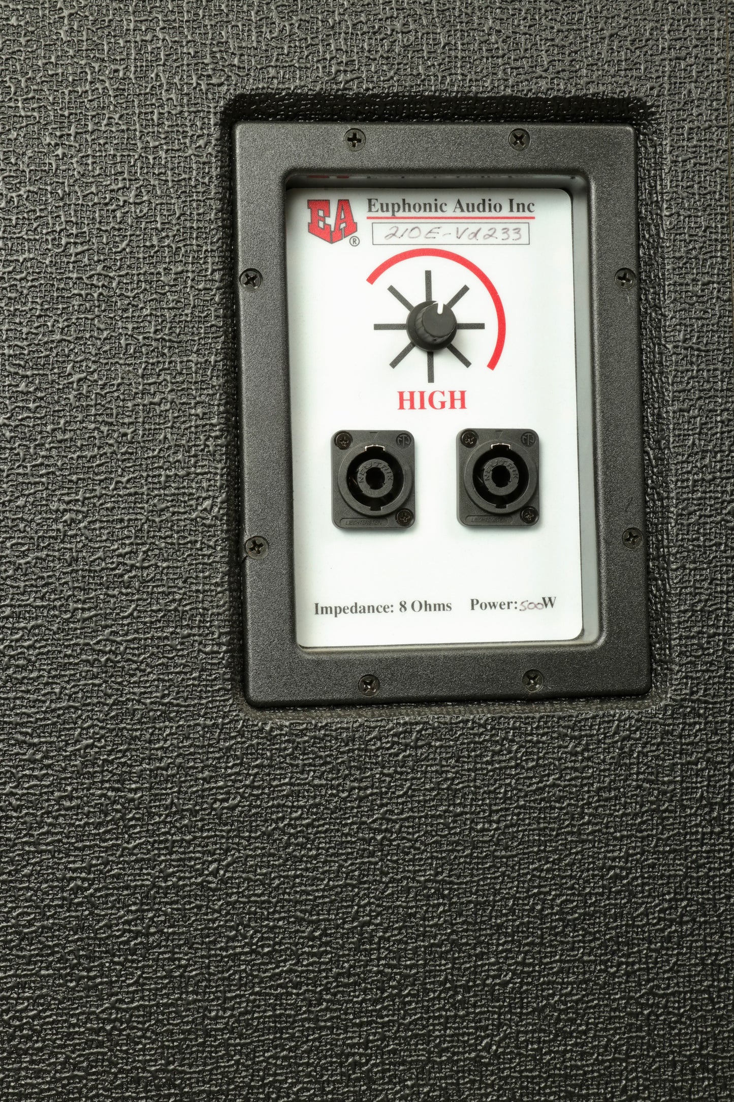 Control panel of a used Euphonic Audio 210E bass cabinet with input jacks and power specifications