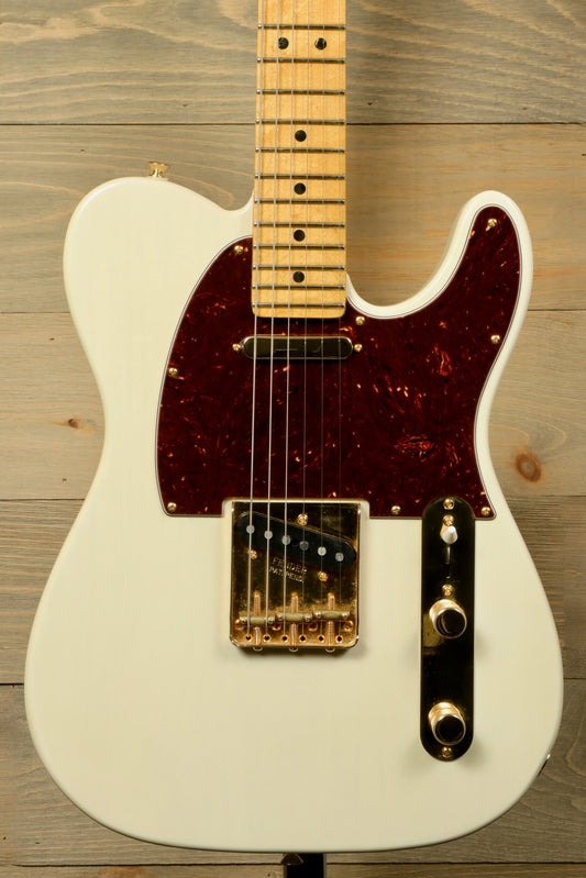 Fender Limited Edition Select Light Ash Telecaster in White, front view with maple neck and tortoiseshell pickguard