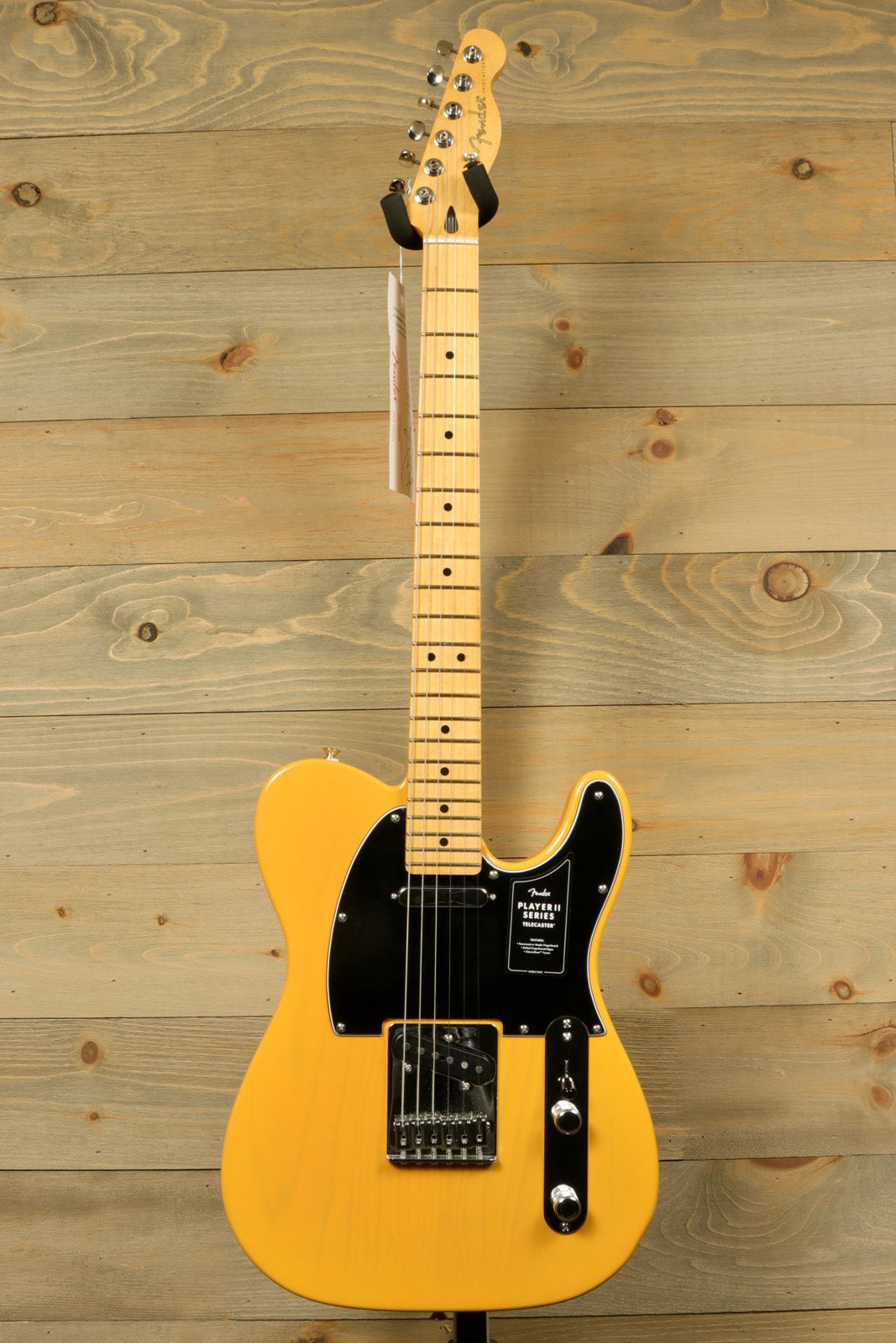 Fender Player II Telecaster in Butterscotch Blonde, front view with maple neck and black pickguard
