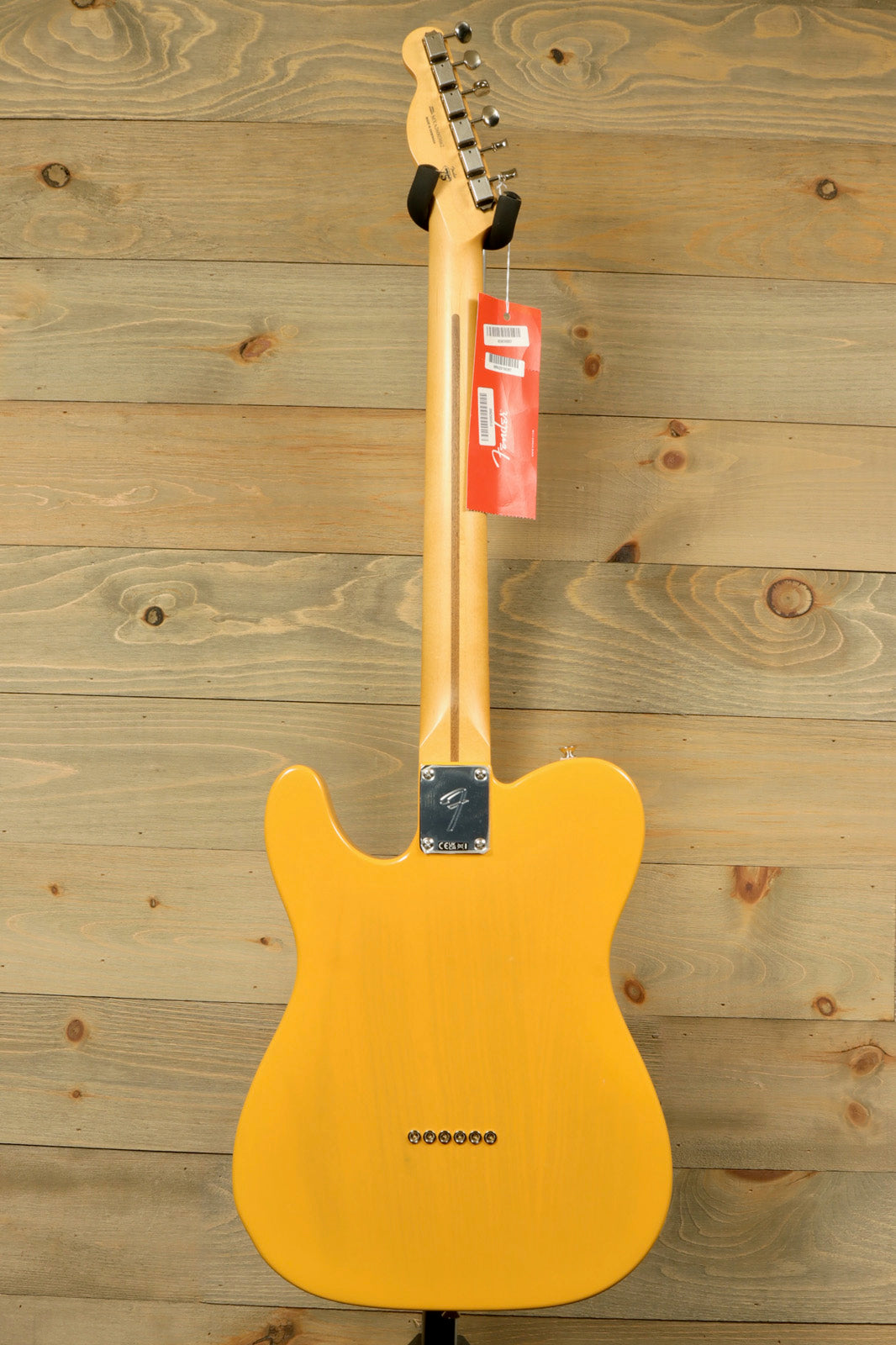 Fender Player II Telecaster in butterscotch blonde, back view showing sleek design and grain