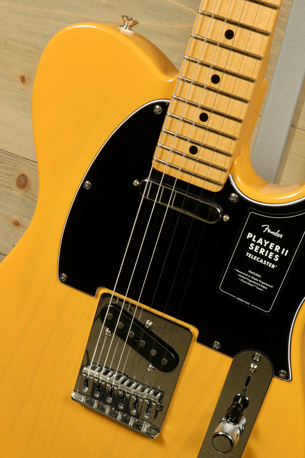 Fender Player II Telecaster in Butterscotch Blonde, front view showcasing the body and fretboard details