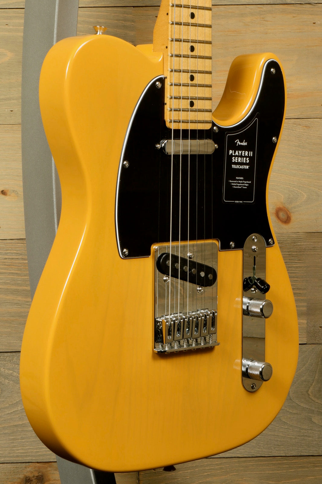 Fender Player II Telecaster in Butterscotch Blonde, side view showcasing the body and pickups