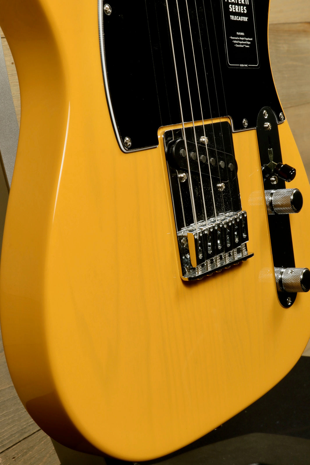Fender Player II Telecaster in Butterscotch Blonde, angled view showcasing the body and controls