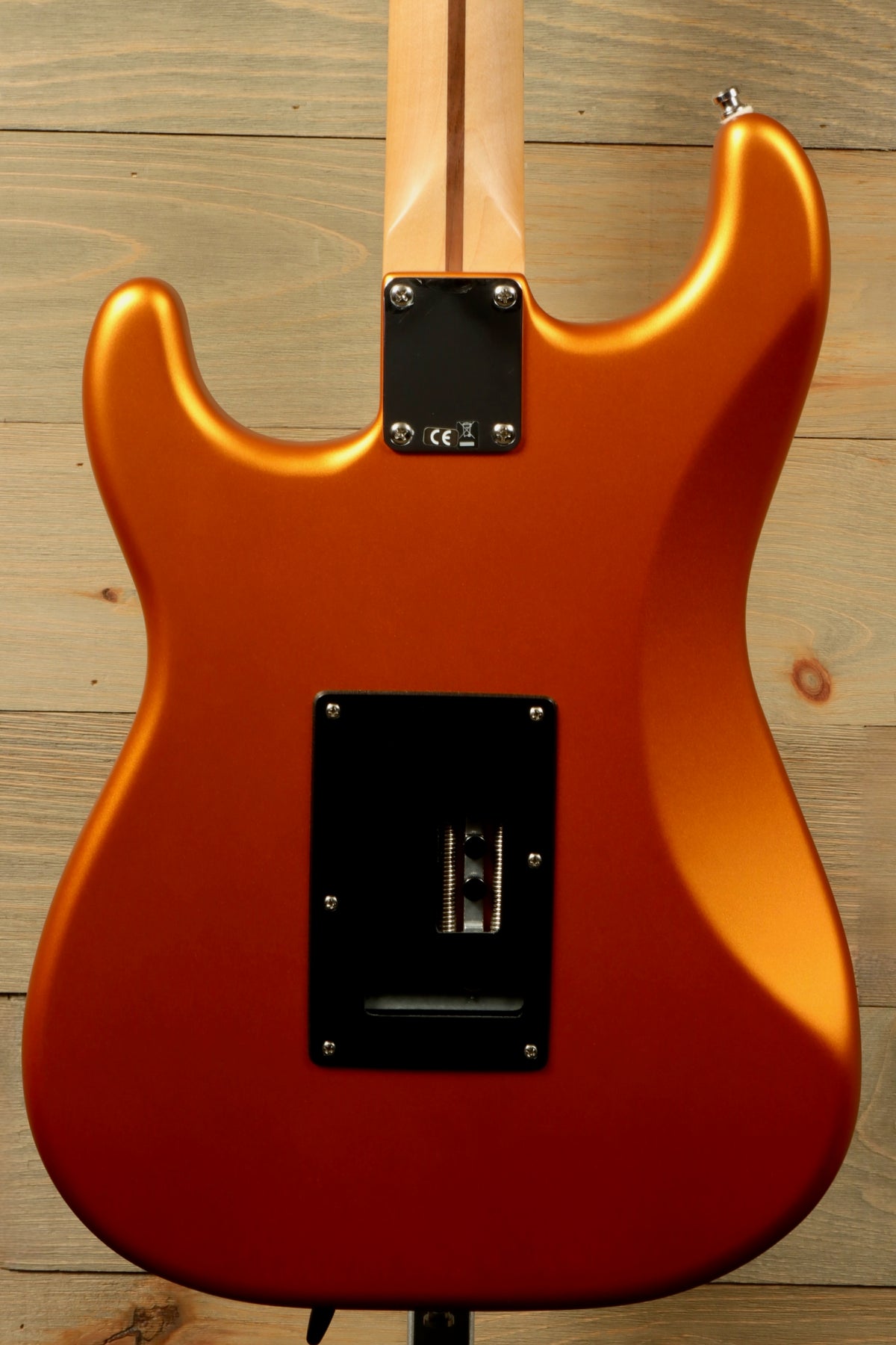 Fender Standard Stratocaster Satin Arizona Sun, back view showcasing the sleek finish and body contours