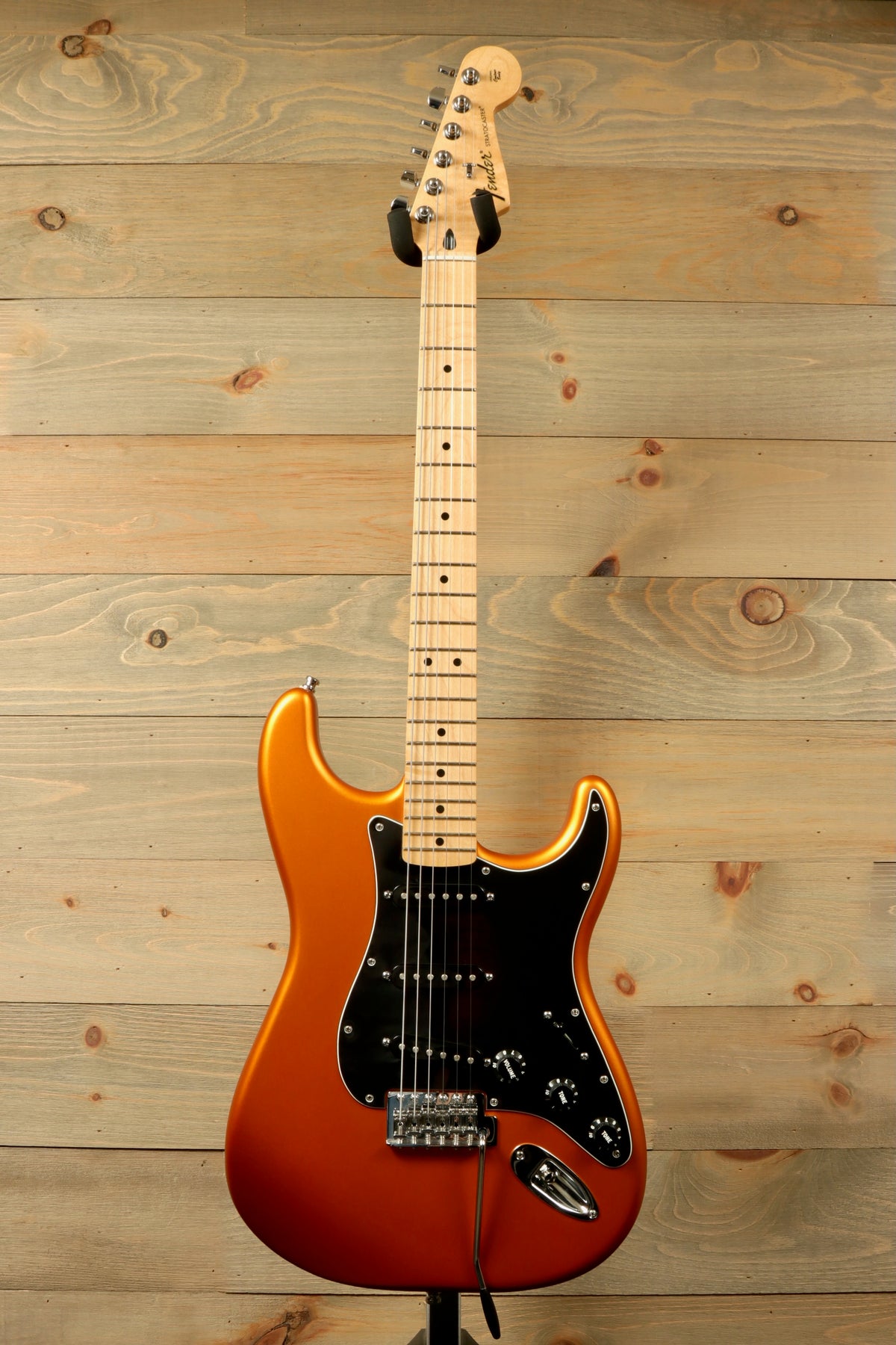 Fender Standard Stratocaster Satin Arizona Sun, front view with black pickguard and maple neck