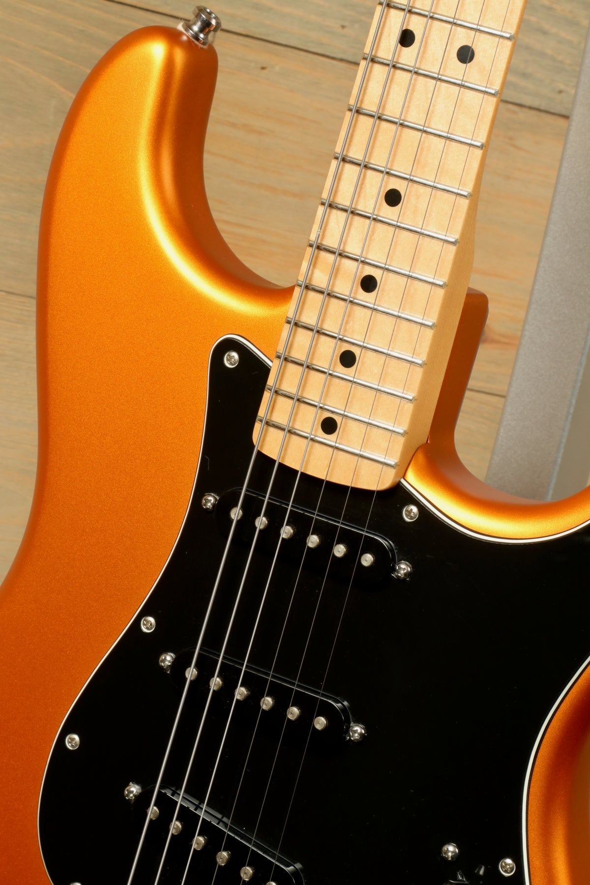 Fender Standard Stratocaster Satin Arizona Sun, close-up view of the body and neck