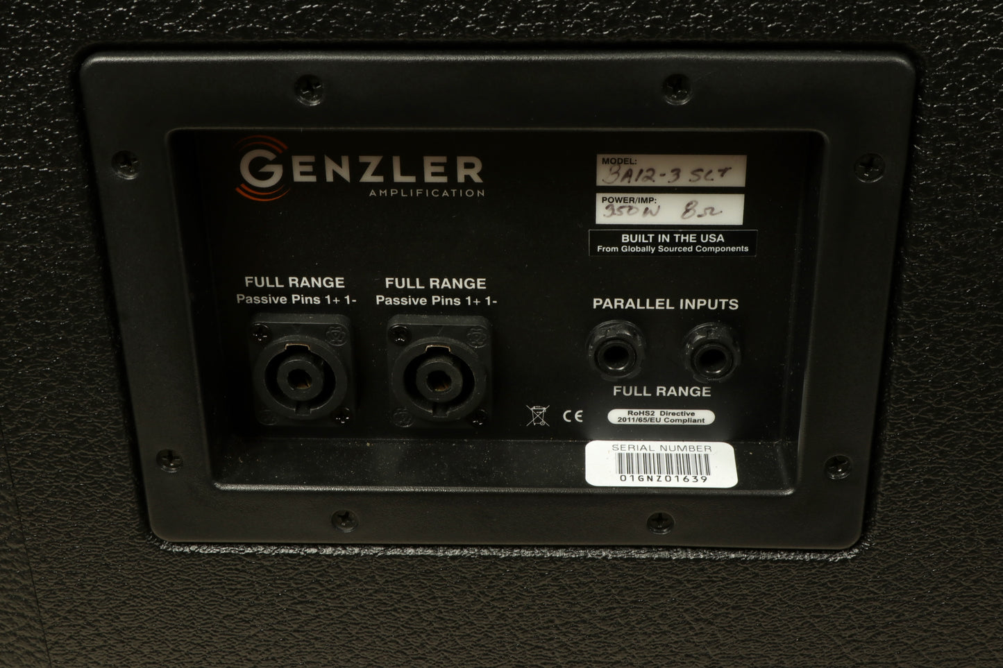 Genzler Bass Guitar Amplifier rear view with input connections and specifications for bass cabinet