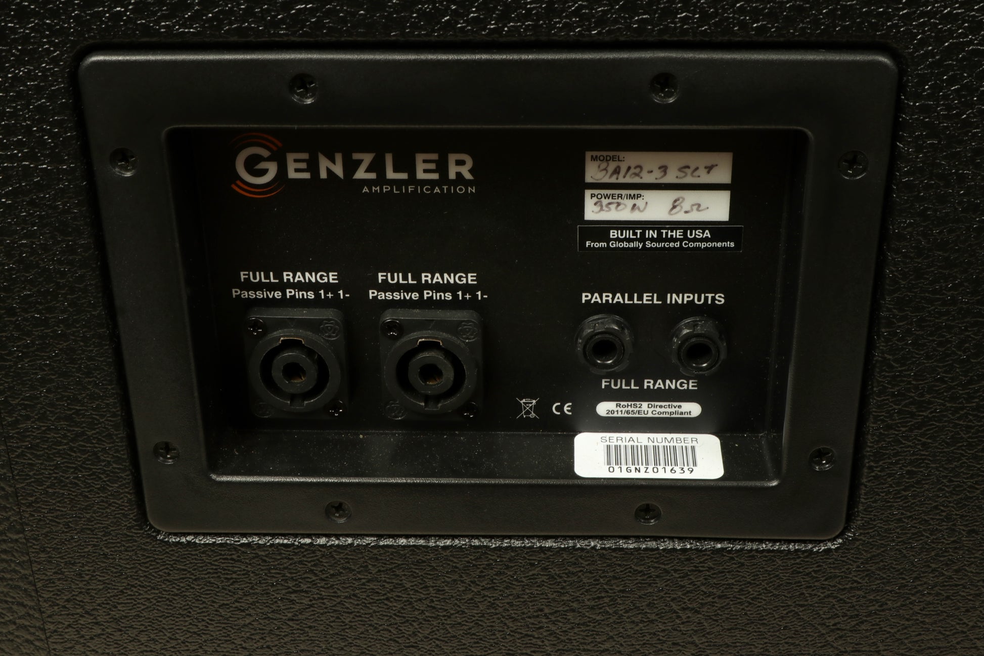 Genzler Bass Guitar Amplifier rear view with input connections and specifications for bass cabinet