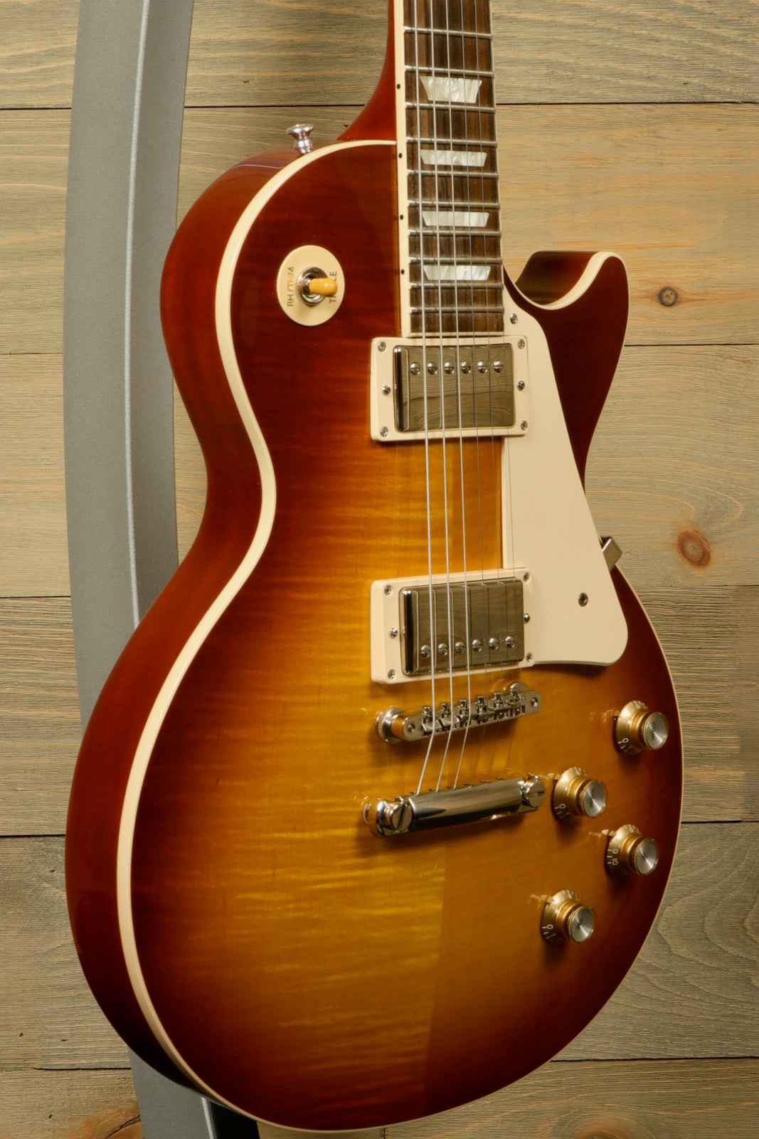 Gibson 2019 Les Paul Standard '60s Iced Tea electric guitar, side view with beautiful sunburst finish