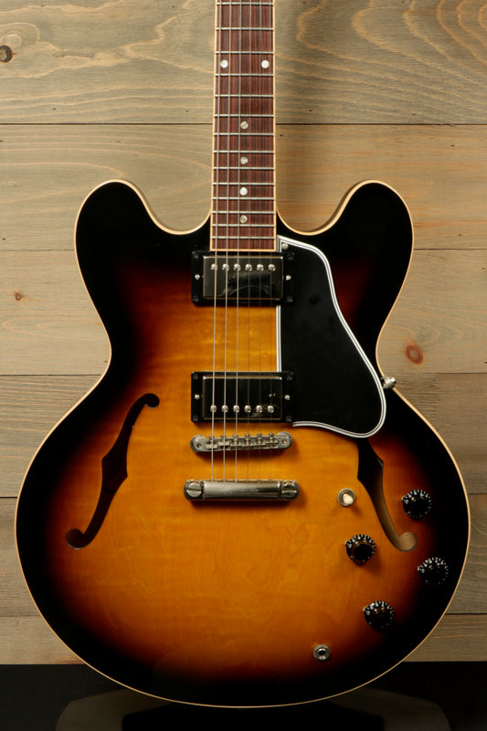 Gibson ES-335 hollow body electric guitar, sunburst finish, front view showcasing classic design custom