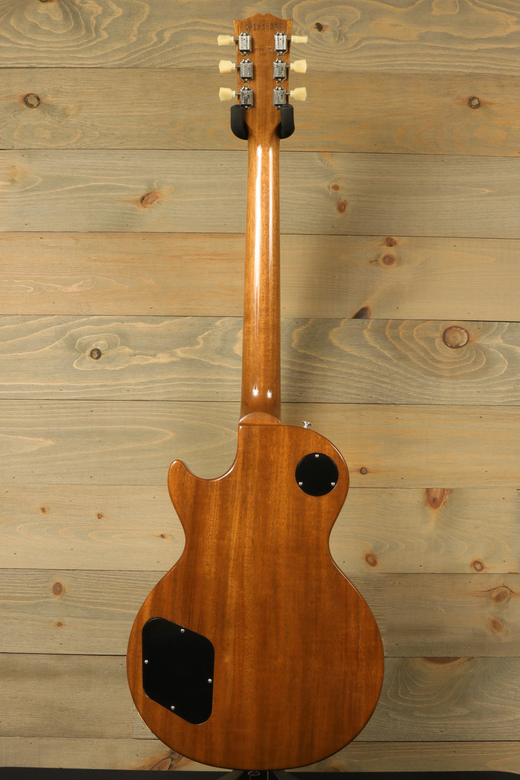 Gibson Les Paul Standard 50s P-90 in vintage sunburst, back view showcasing the mahogany finish