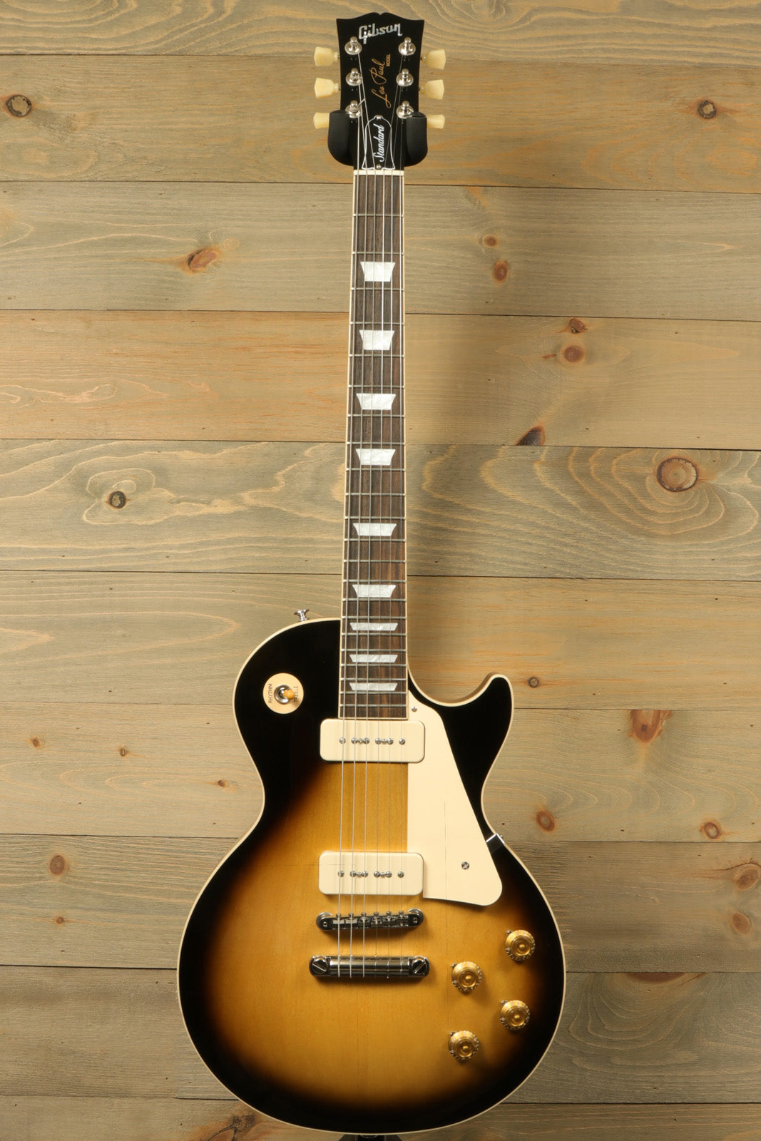 Gibson Les Paul Standard 50s P-90 in sunburst finish, front view with gold hardware and white pickguard