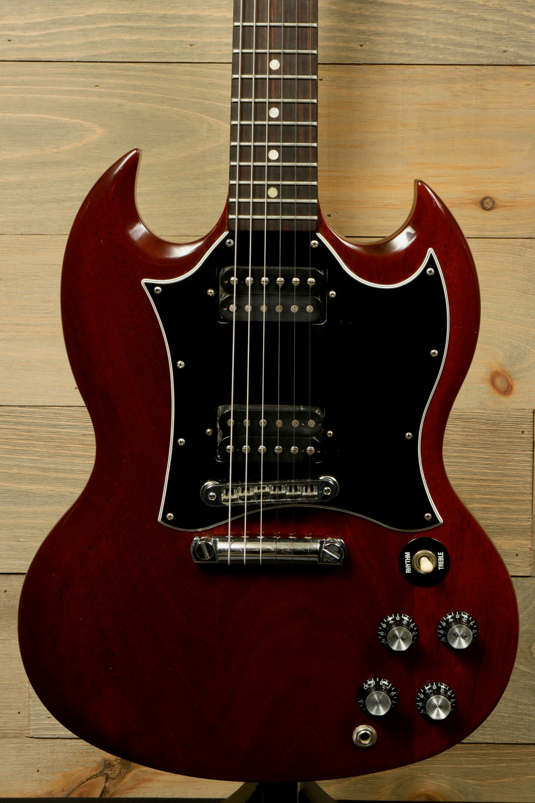 Gibson SG Special in wine red, front view showcasing the dual pickups and control knobs
