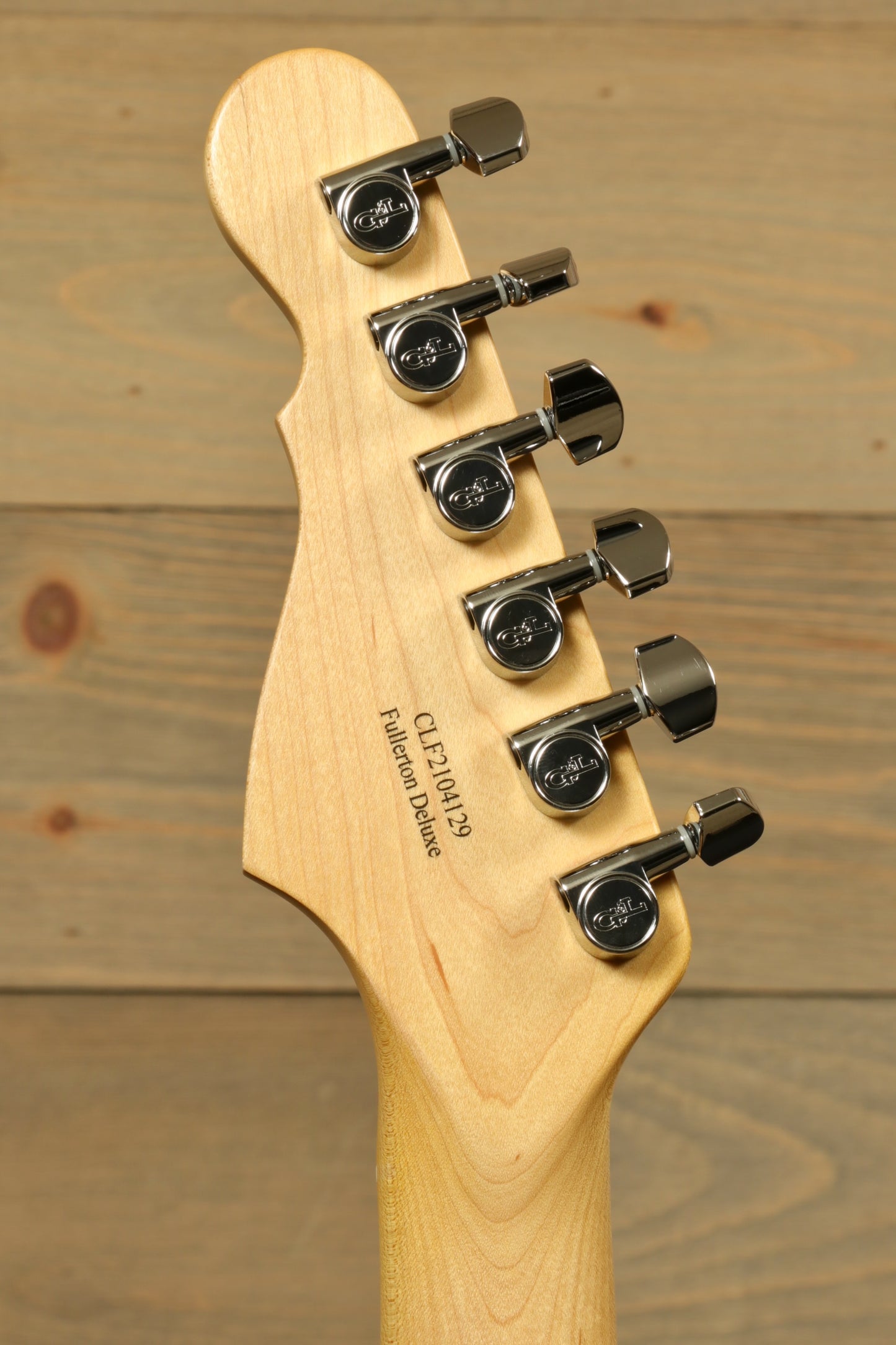 G&L S-500 Electric Guitar, natural wood finish, back of the headstock view