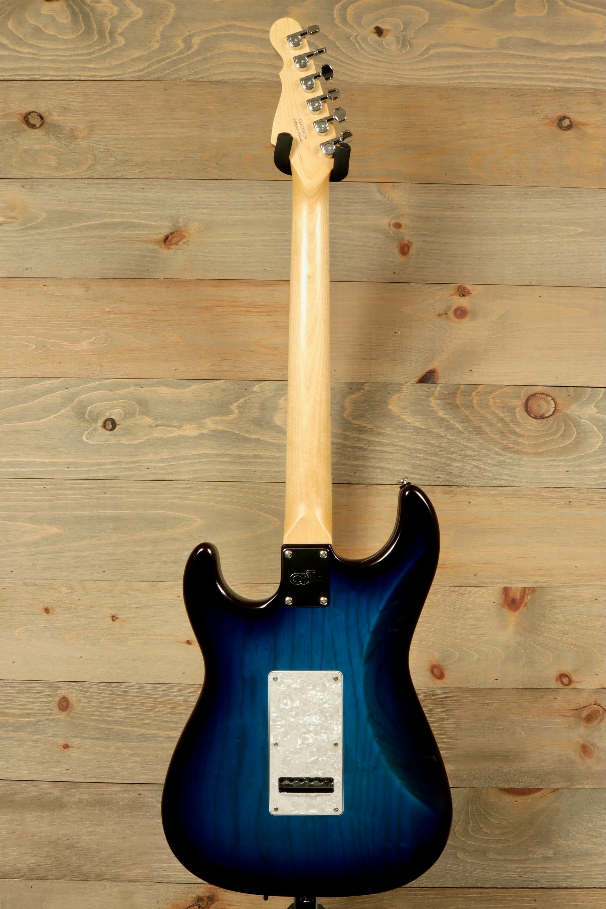 G&L S-500 Electric Guitar in blue burst, back view showcasing the sleek design