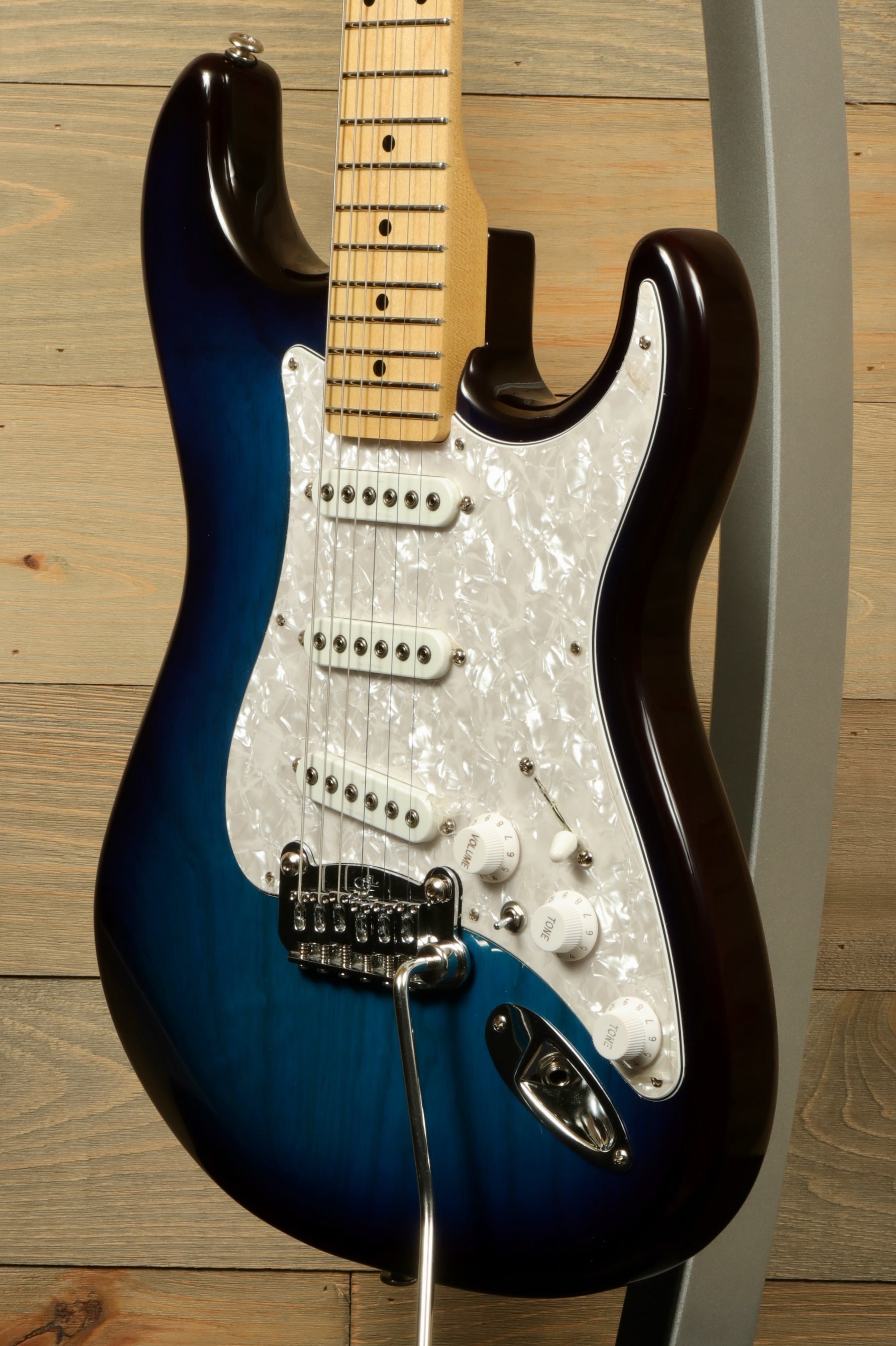 G&L S-500 Electric Guitar in blue burst finish, front view with white pickguard