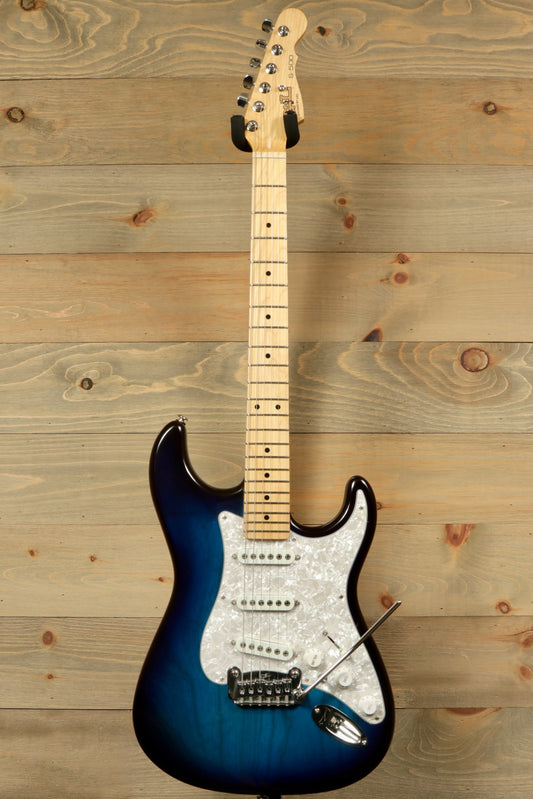 G&L S-500 Electric Guitar in blue burst finish, front view with maple neck and white pickguard 