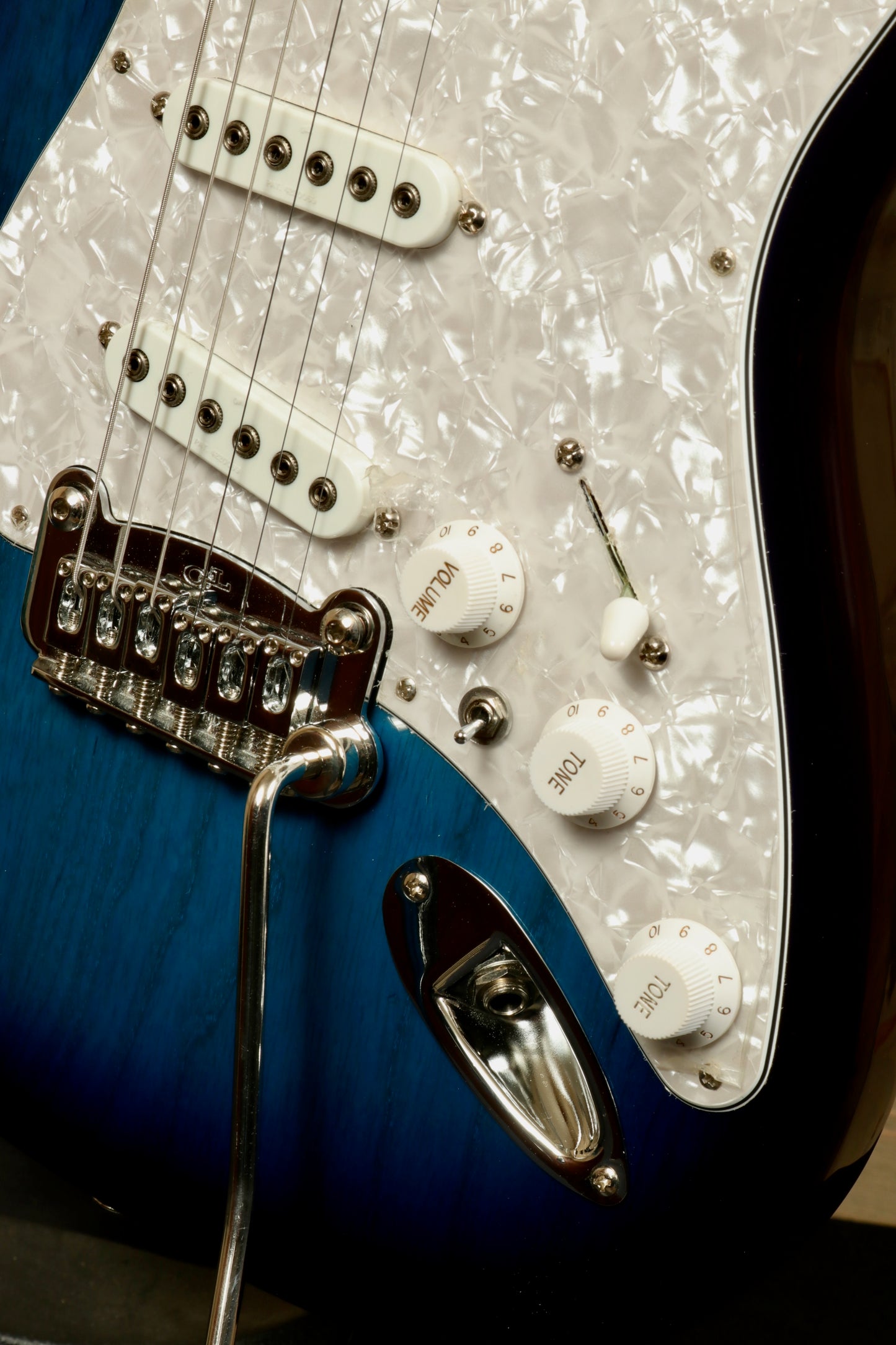G&L S-500 Electric Guitar in blue burst finish, close-up view of the body and controls