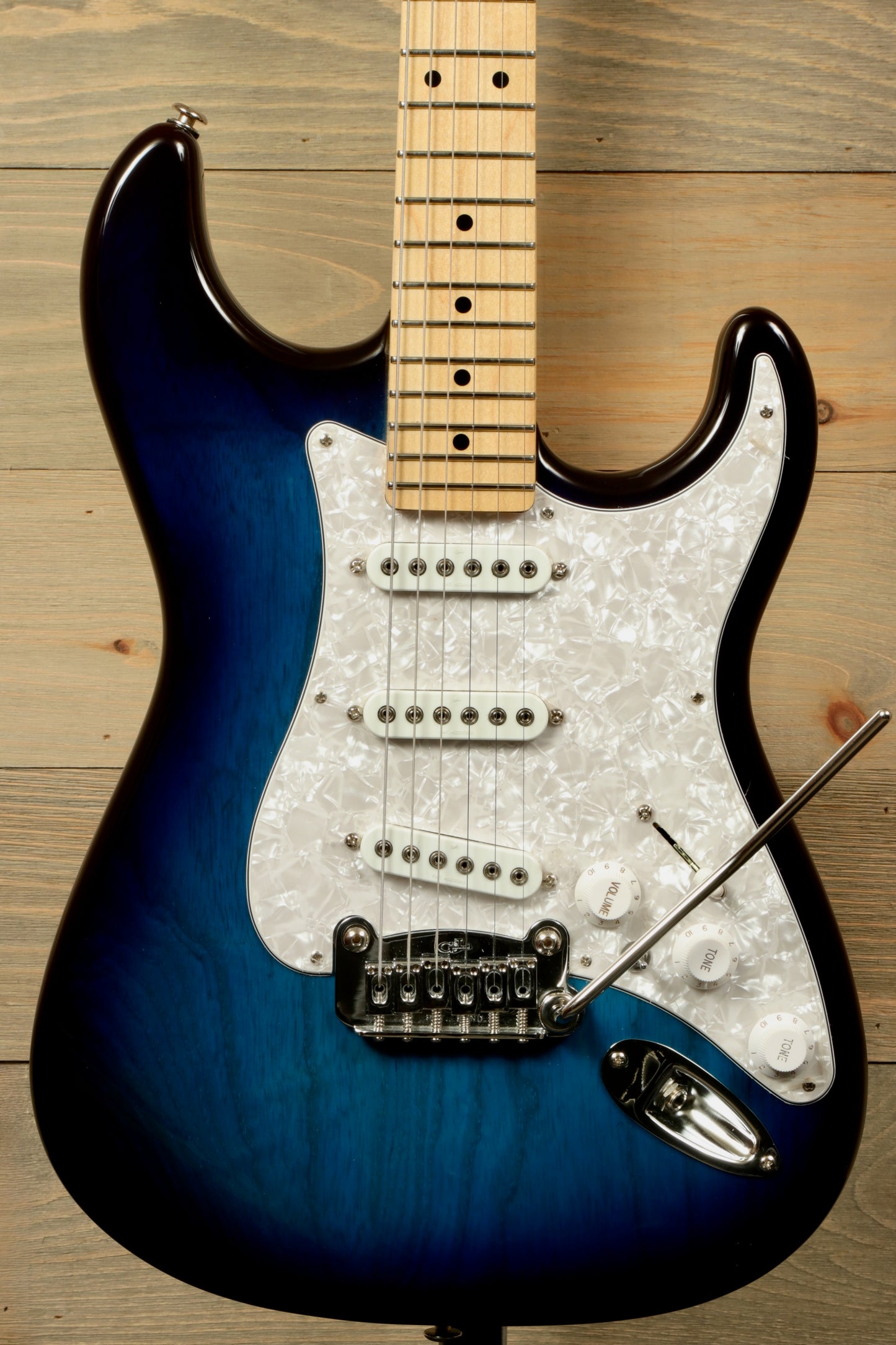 G&L S-500 Electric Guitar in blue burst finish, front view with white pickguard and maple neck