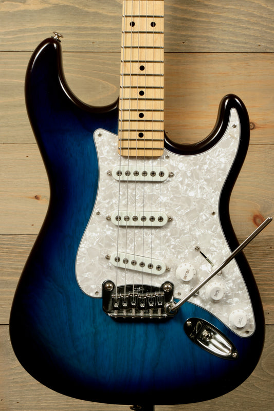 G&L S-500 Electric Guitar in blue burst finish, front view with white pickguard and maple neck