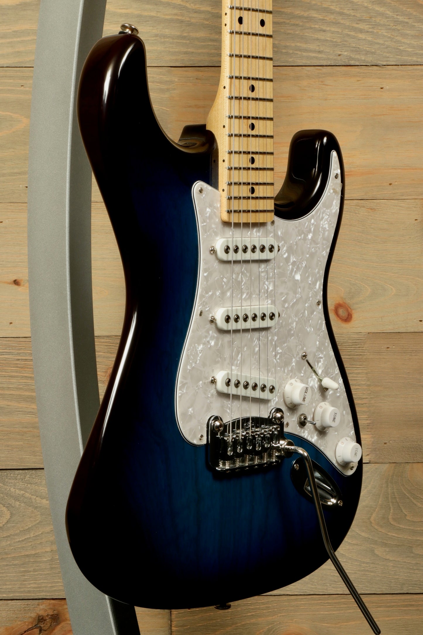 G&L S-500 Electric Guitar in blue burst finish, front view with maple neck and white pickguard