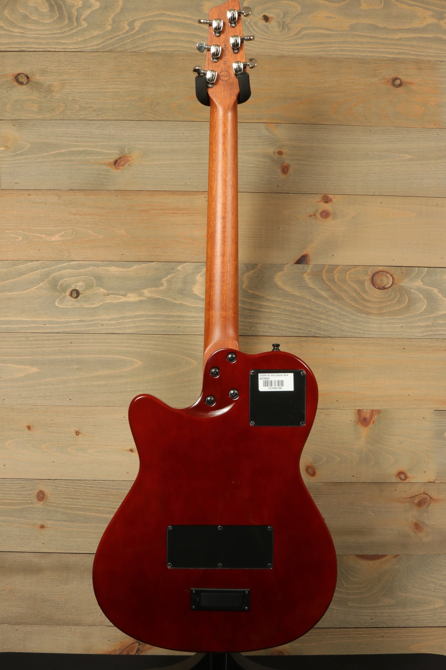 Back view of Godin A6 Ultra Denim Blue Flame with Gig Bag showcasing smooth wood finish