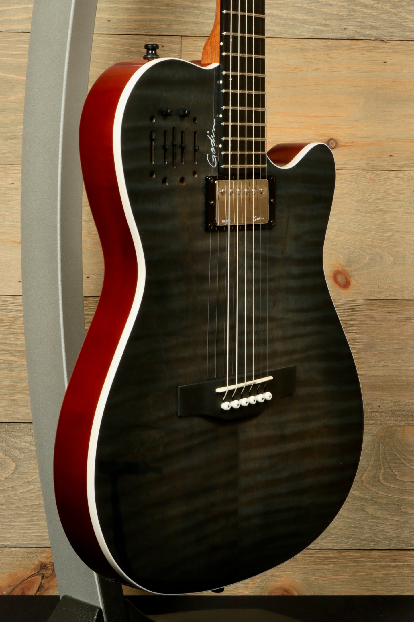 Godin A6 Ultra Denim Blue Flame Acoustic Electric Guitar with Gig Bag, featuring unique flame finish and sleek design