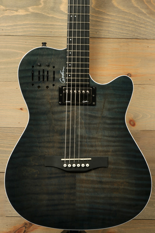 Godin A6 Ultra Denim Blue Flame Acoustic Electric Guitar with Gig Bag on wooden background