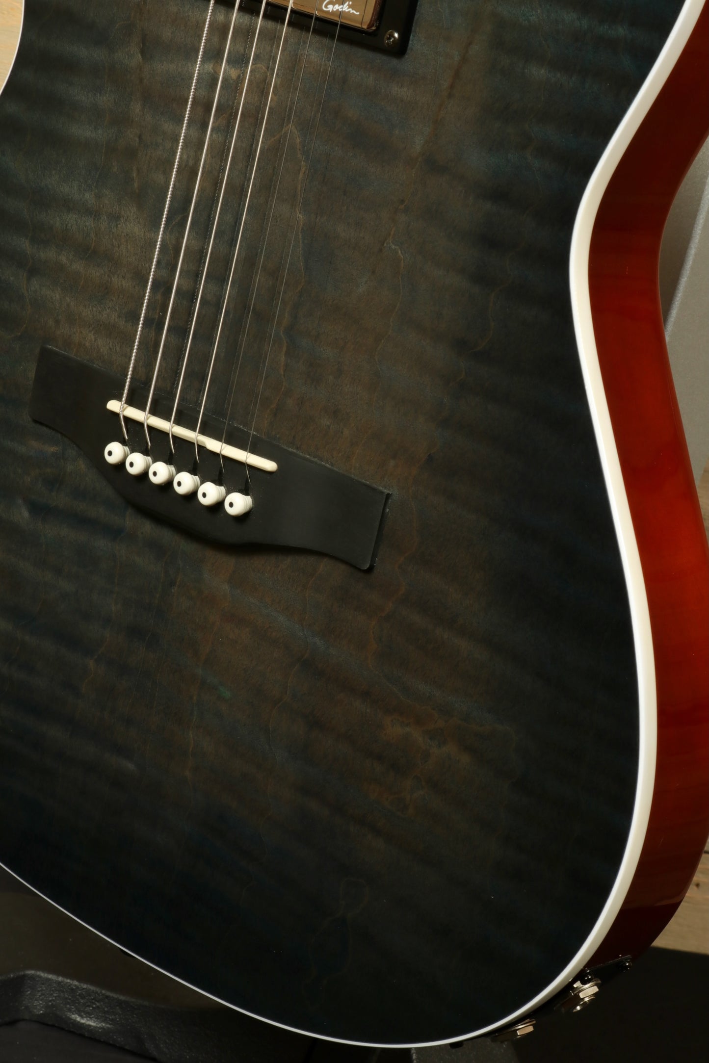 Godin A6 Ultra Denim Blue Flame Acoustic Electric Guitar with Gig Bag showcasing its beautiful finish