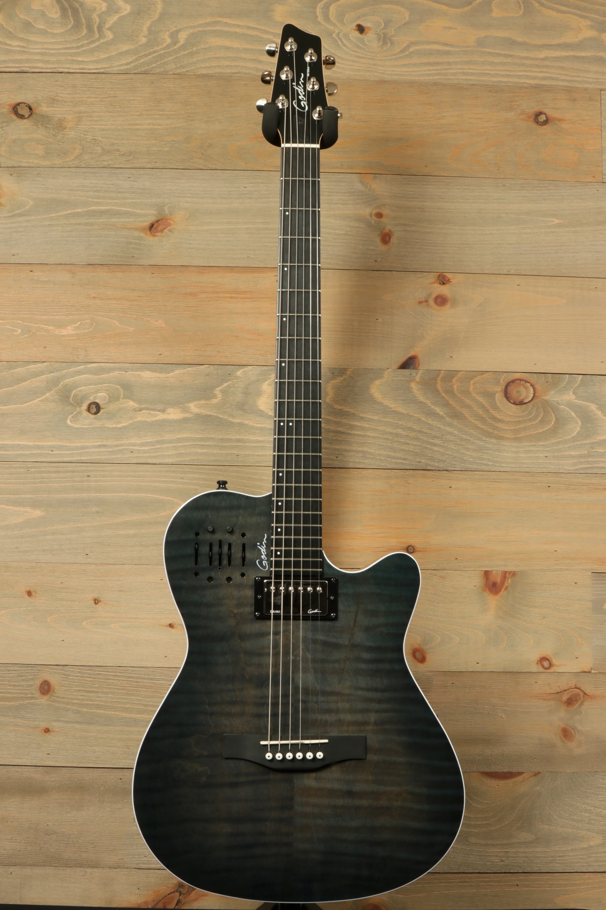 Godin A6 Ultra Denim Blue Flame Acoustic Electric Guitar with Gig Bag featuring a sleek design and high-quality sound