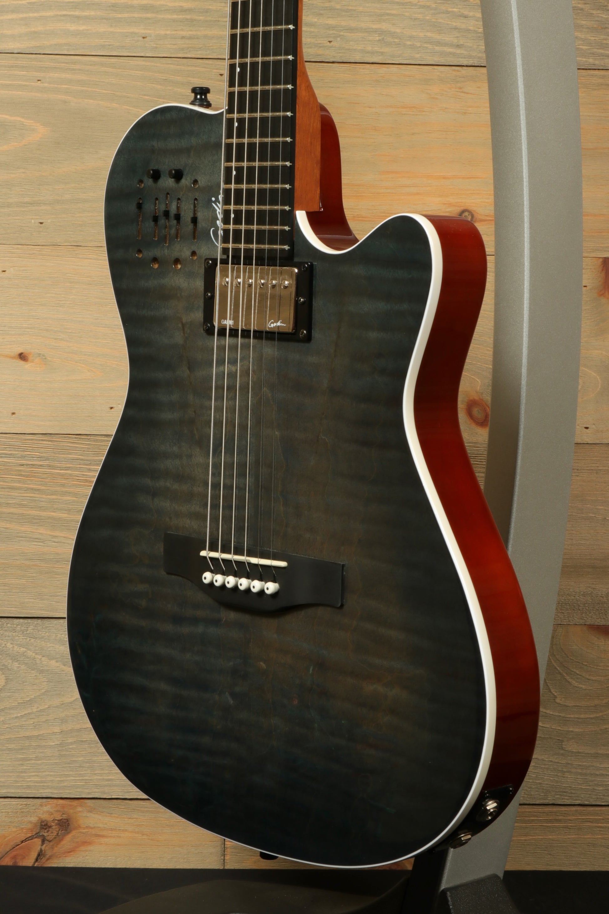 Godin A6 Ultra Denim Blue Flame Acoustic Electric Guitar with Gig Bag in a striking design