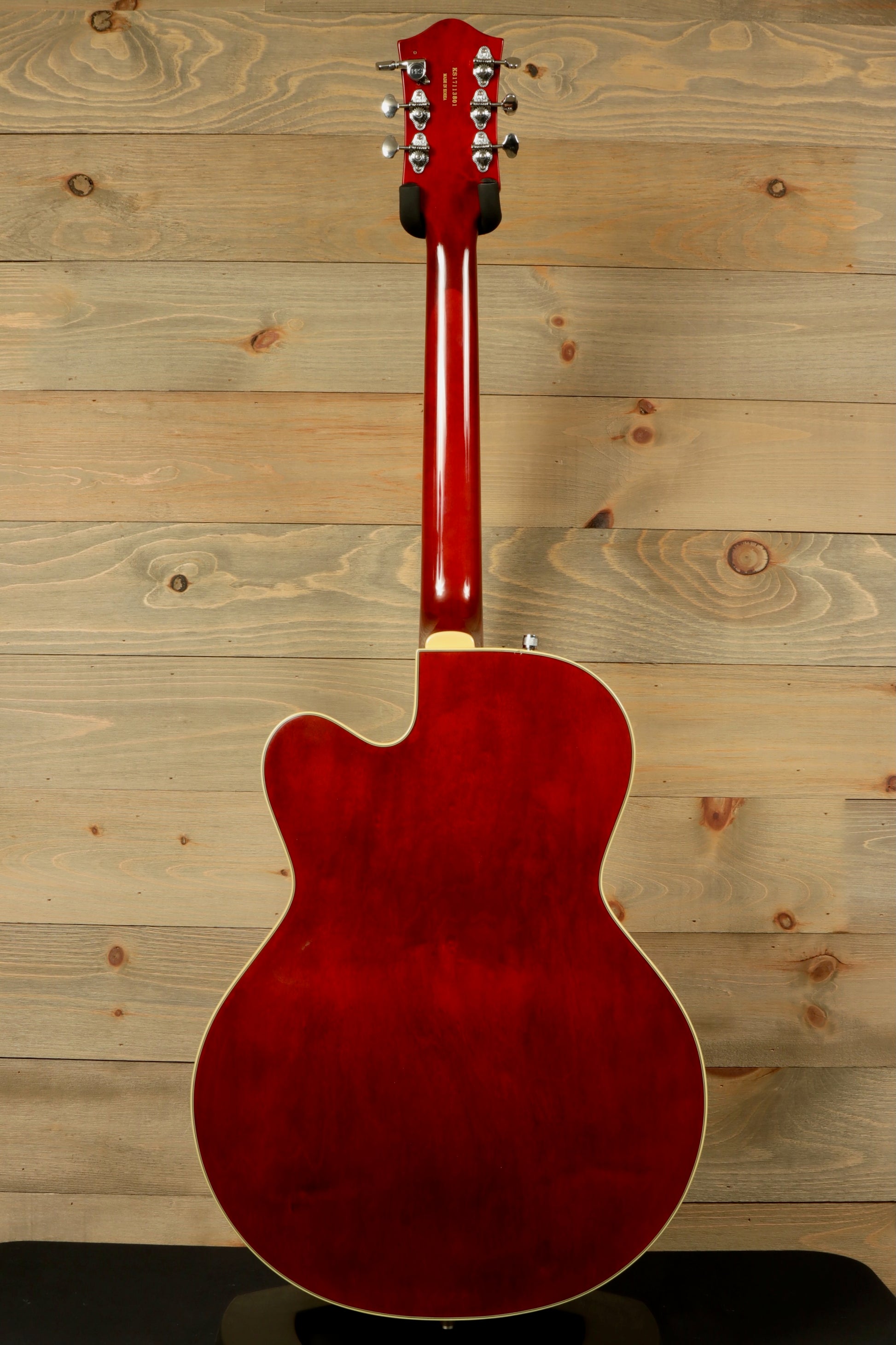 Gretsch G5420T Korea hollow body electric guitar with a stunning red finish, back view