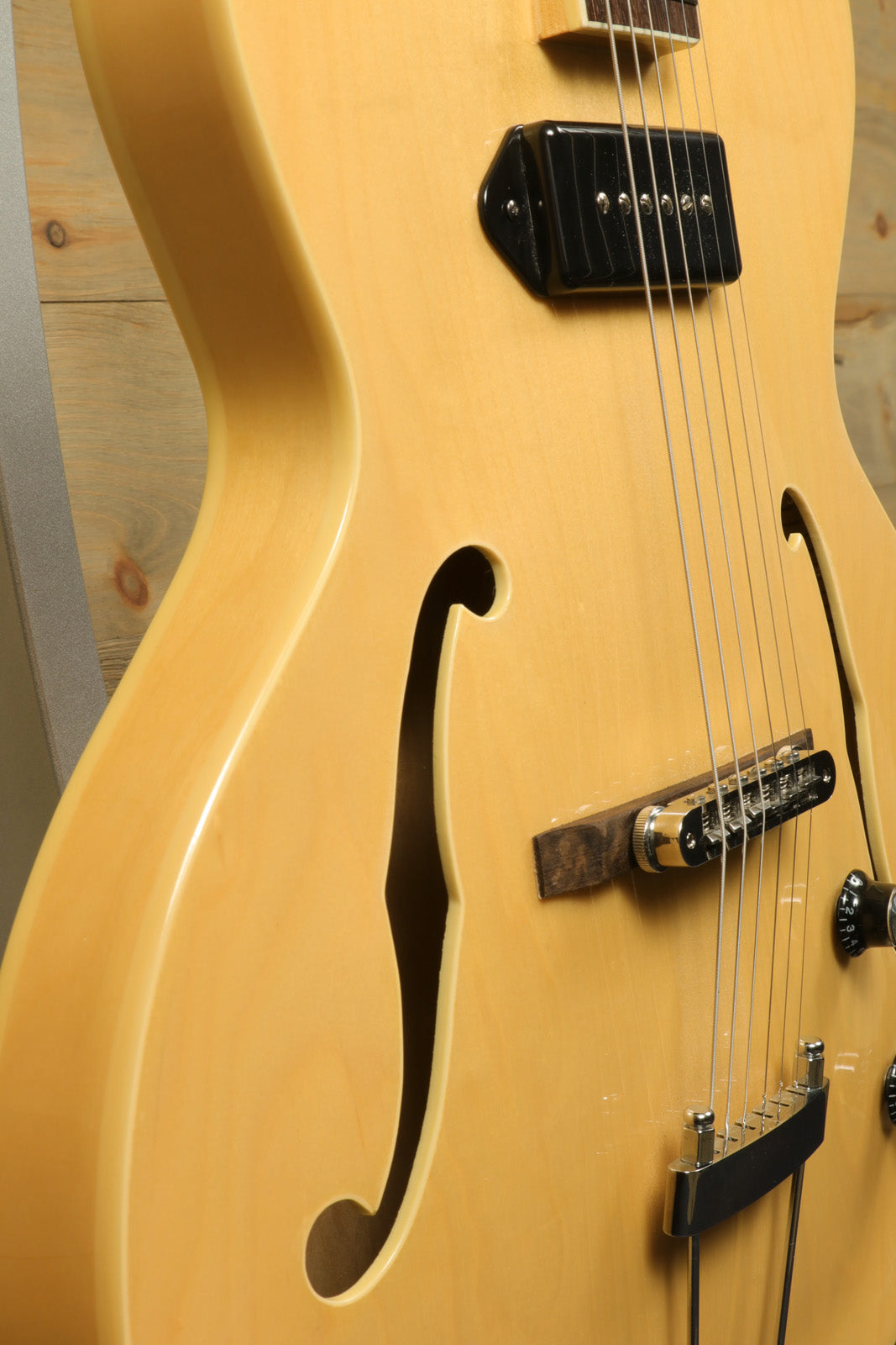 Grote Guitar Natural Hollow Body Jazz Electric Guitar, side view showing f-holes and finish