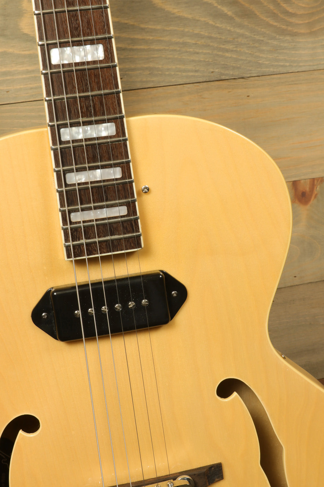 Grote Guitar Natural Hollow Body Jazz Electric Guitar, beige finish, close-up of body and neck